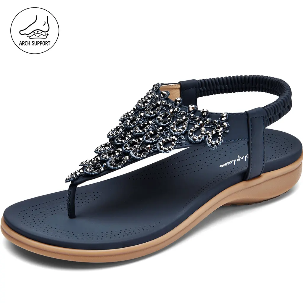 Littleplum Women's Comfortable Rhinestone Gladiator Sandals, Faux Leather Slingback Flats with Arch Support and Slip-Resistant Rubber Sole for Summer, Rhinestones, Slip Resistant Shoes, Formal, Holiday, Synthetic, Flexible, Wedge Sandals, Slip On