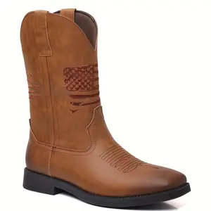Men’s vintage patriotic flag print western roper boots, mid-calf height, with a non-slip rubber sole, brown, suitable for casual fall/winter wear, patriotic events, and a rustic style