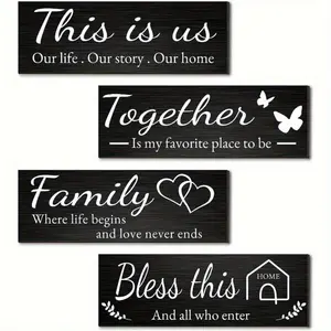 Family Wall Signs, 4 Counts/set Letter Pattern Wall Decor Set for Living Room and Bedroom, Home Decor Products, Customized Decoration