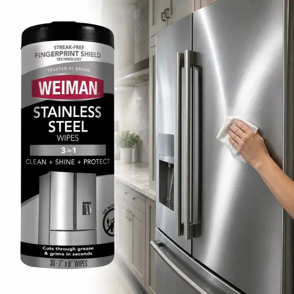 Weiman 12 oz. Stainless Steel Cleaner Wipes, Stainless Steel Canister Wipes, pH Neutral Formula, Clean and Polish in One Step, Protective Barrier Against Fingerprints and Smudges, Safe for Black Stainless Steel, Convenient Pre-Moistened Wipes.