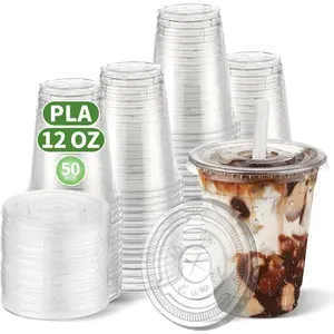 12 OZ Compostable Clear Plastic Disposable Iced Coffee Cups with Flat Lids, Biodegradable Cold Drinking Cups To Go Coffee for Party, Smoothie, Boba , Slushy, Lemonade 50 Sets