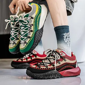 Unisex Retro Hand-Stitched Hiking Sneakers, Green Yellow Color Block Breathable Mesh Shoes, Non-Slip Thick Sole Casual Outdoor Walking Shoes for Men Women