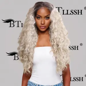 【Blend】Glueless Ombre Ash Blonde Color Wig Lace Front Wig With Pre Plucked Hairline Human Hair Blend Loose Deep Curly Hair