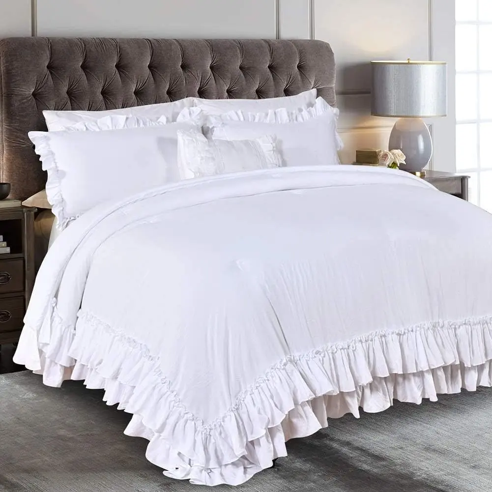 White Farmhouse Ruffled Comforter Set  Size Shabby Boho Chic White Bedding Comforter  Lightweight Fluffy Ultra Soft Microfiber Inner Fill Bedding Set 3 count