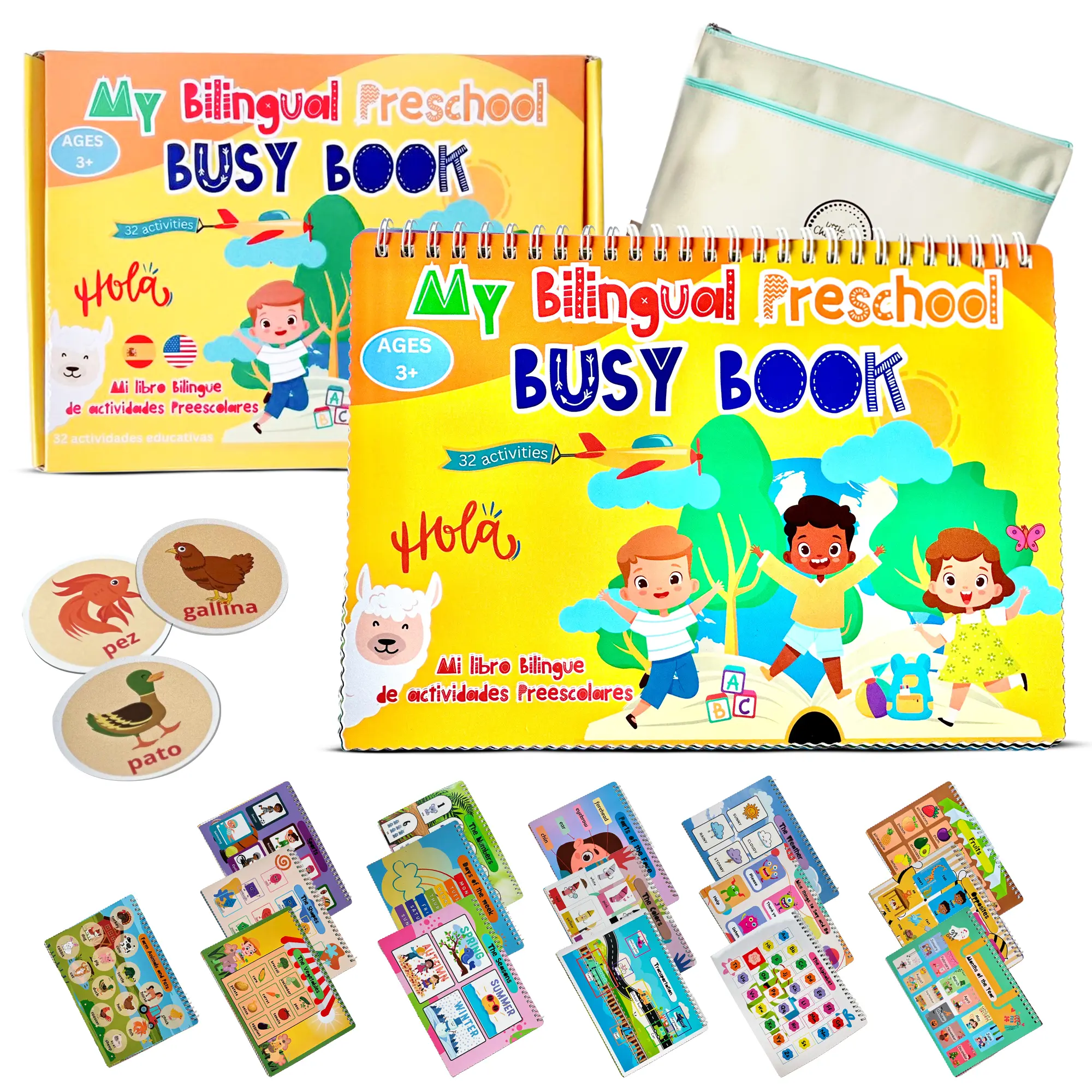 Little Charlie Lu Busy Book for Toddlers 3 and Up – Preschool Learning Activities Bilingual Book in Spanish and English with 32 Activities – Educational Toddler Activity Book with 8 Color Markers