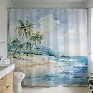 1 Pc Beach Paradise Shower Curtain, Bathroom Accessory, with Palm Tree Ocean Scenery for Modern Bathroom Design Home Decor Coastal Vibes Enhance Your Bathroom Renovation with Tropical Art Blue and Green Colors Beach Theme