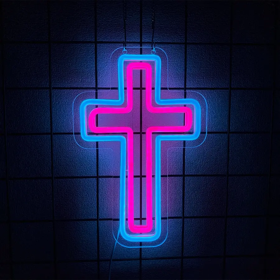 Cross Neon Sign, Jesus Led Neon Light for Wall Decor Home Bedroom USB Powered Light-Upside Down Cross Lights for Easter Christmas Wedding Decor Decorative Atmosphere Light Decor Lighting