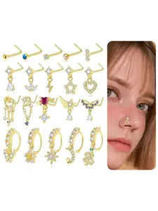20Pcs 20G Dangle Nose Rings L Shaped Nose Stud Hoops Dangling Stainless Steel Nose Ring CZ Human Made Opal Butterfly Water Drop Flower Indian Nose Piercing Jewelry with Charm for Women Silver Gold Plated