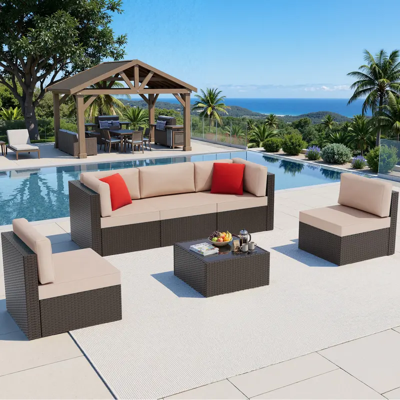 Walsunny 6 Piece Patio Furniture Sets, All Weather PE Wicker Rattan Outdoor Sectional Sofa Conversation Couch with Glass Table, Cushions and Pillows Outdoorfun