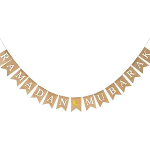 Ramadan Mubarak Banner Burlap With Glitter Moon and Star Signs Pre-Strung Ramadan Banner for Islamic Eid Decoration, Mantel Fireplace Decoration