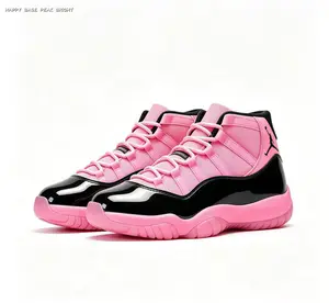 High-Top Basketball Sneakers | Pink Fabric & Black Patent Leather Spliced Upper with Pink Cushion Midsole