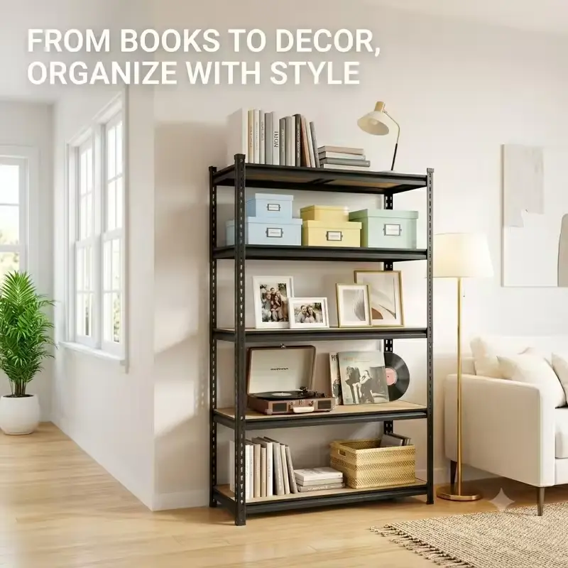 Heavy Duty 5-Tier Metal Shelving Unit with MDF Shelves, Adjustable Boltless Storage Rack Utility Organizer for Garage Basement Pantry