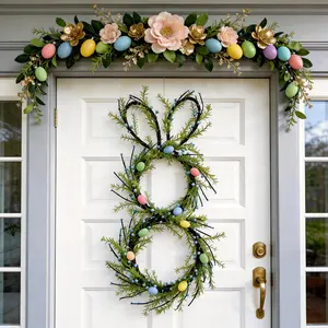 15.75" Easter Bunny Grapevine Wreath with Eggs, Spring Green Twig Door Decor for Front Door Wall Fireplace Holiday Decoration