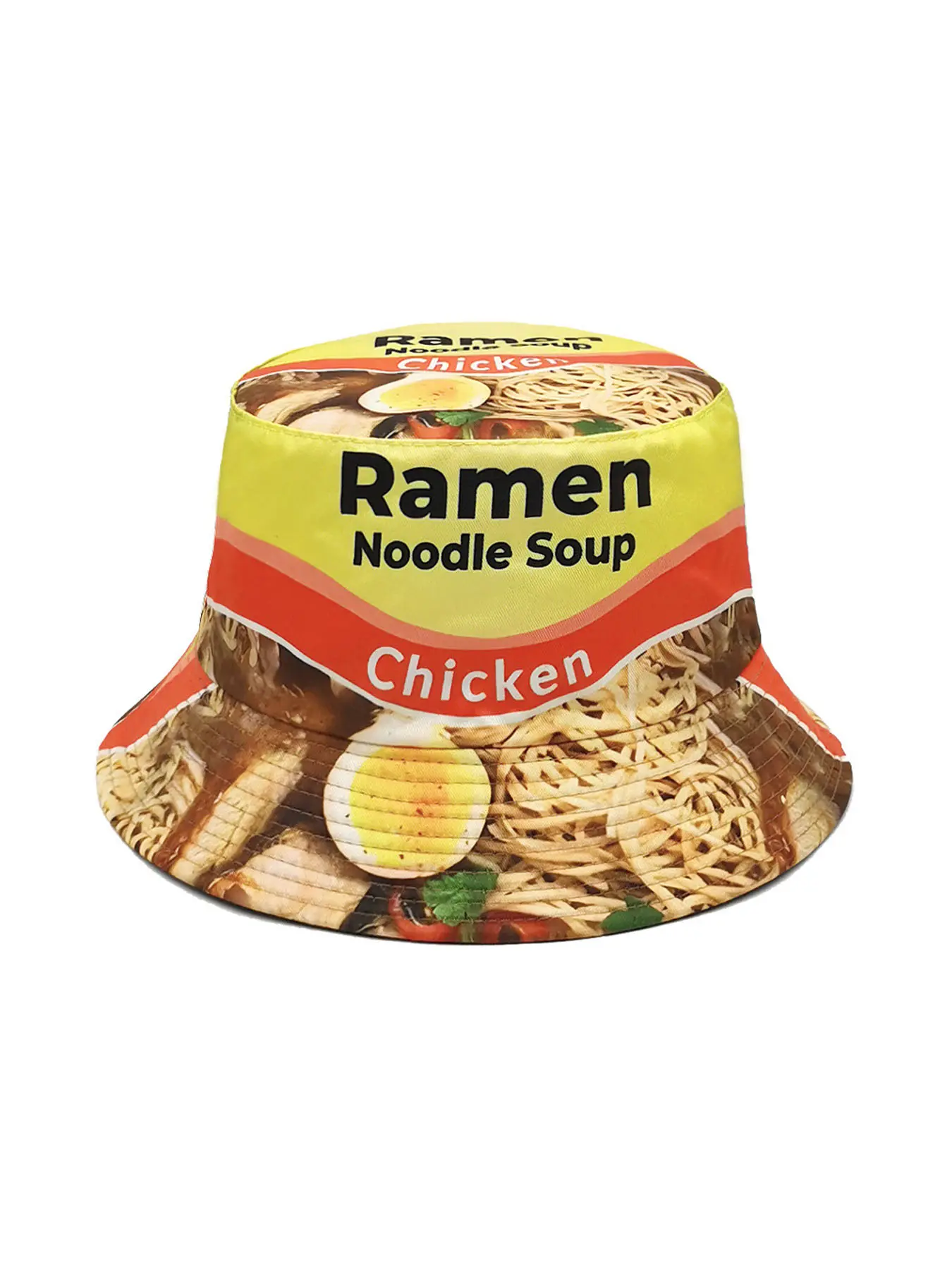 1pc Ramen Noodle Soup Print Fisherman Hat - Stylish Black & Yellow Bucket Hat with Realistic Food Design, Polyester, Non-Stretch, Hand Washable, Perfect for Outdoor & Casual Attire, Casual Headwear | Vibrant Hat | Durable Headgear, Casual Summer Hat