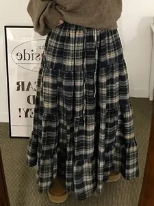 Plaid Patchwork Pleated Long Skirt, Vintage College Casual Style Korean Y2K Cute Girl Versatile Skirt, Womenswear Spring Summer Fashion, Plaid Print Skirt