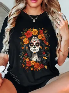 100% Cotton Unisex De Los Muertos La Catrina Day of the Dead Sugar Skull Women T-Shirt Vintage Graphic Printed Tee