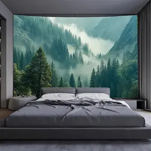 A 2D Banner Misty Forest Wallpaper - Self-Adhesive Polyester Sticker, Suitable for Living Rooms And Bedrooms, Natural Theme Party Banner Backdrop, Bedroom Decor |       Tranquil Room Decoration |       Forest Decor