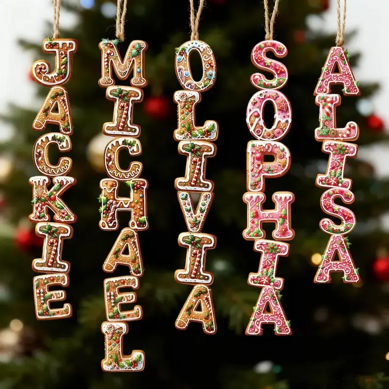 Christmas Gingerbread Letter Ornaments Personalized Initial Name Xmas Tree Hanging Decor Cute Family Name Sign Holiday Home Decoration Gift