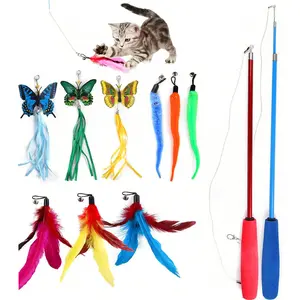 11 pcs Cat Toys for Indoor Cats, Interactive Cat Toy 2PCS Retractable Wand Toy and 9PCS Cat Feather Toys Refills, Funny Kitten Toys Cat Fishing Pole Toy for Bored Indoor Cats Chase and Exercise