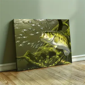 1pc Wooden Framed Canvas Art - Largemouth Bass Fishing Poster, Vibrant Underwater Scene with Multiple Fish, Angler's Paradise Wall Decor for Bedroom, Living Room, or Office, Perfect Father's Day Gift, Ready to Hang, Fishing Theme Decor| Dynamic Fishi