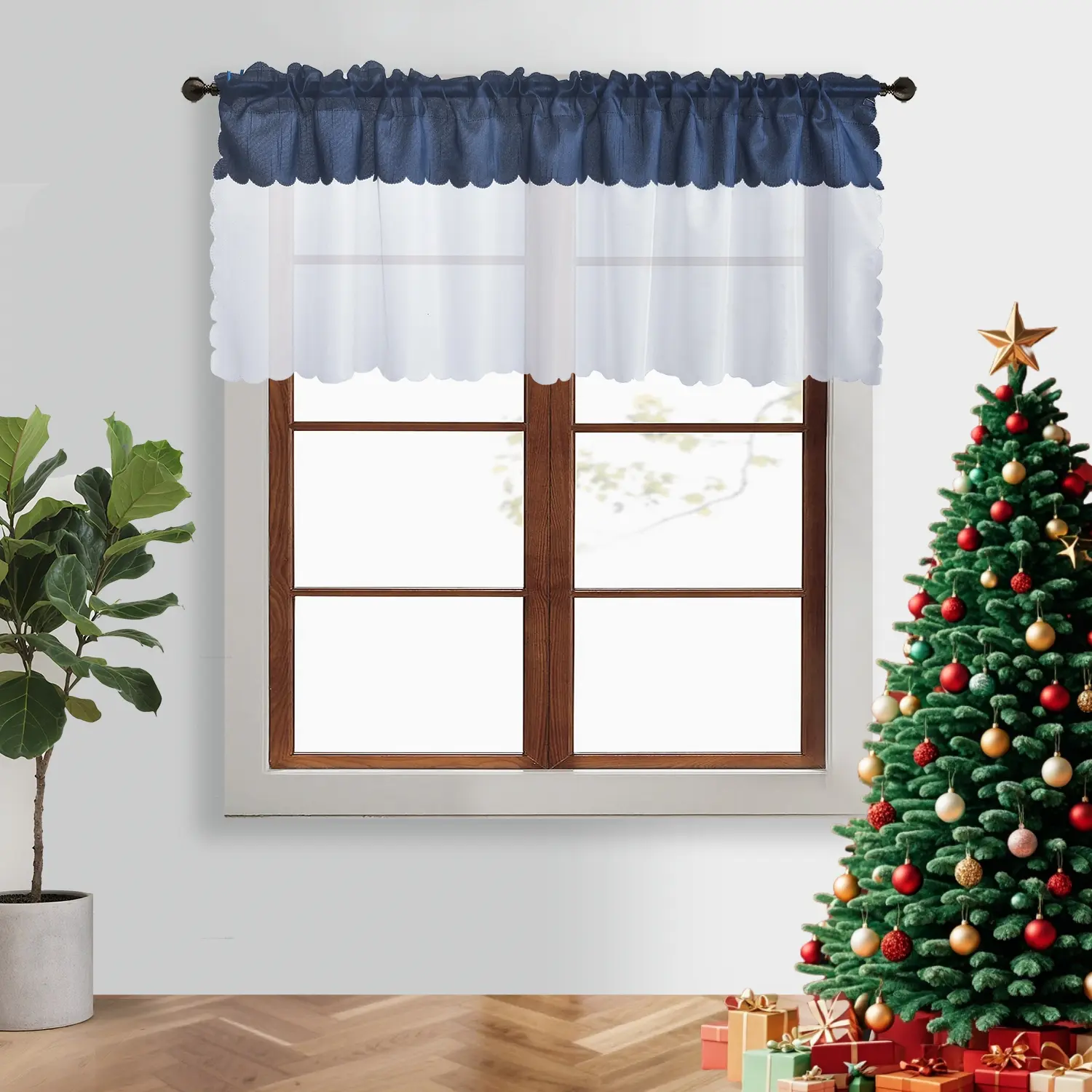 2 Piece Elegant Faux Silk Dual Color Splicing Sheer Window Valance, Rod Pocket Curtain for Kitchen, Café, Dining, and Bathroom Decor