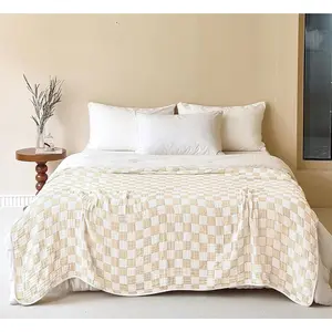 100% Cotton Muslin Blanket Cream Checkerboard 6-Layer Gauze King Bed Blanket Lightweight Soft and Breathable Blanket for Couch Bed Coverlet (Cream Checkerboard, King)