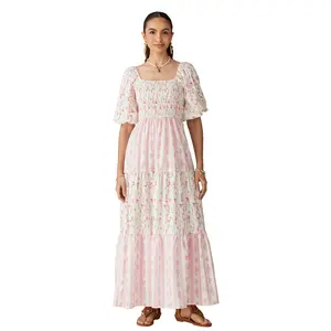 Women's Summer Clothing: Stylish and elegant printed patchwork pleated dress, a casual, comfortable, and sweet long dress perfect for a vacation.