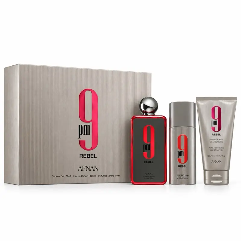 AFNAN Men's 3PC 9PM Rebel Gift Set - 3.4 oz EDP, 5.0 oz SG, 5.0 oz Perfumed Spray (Hard Box Packaging)