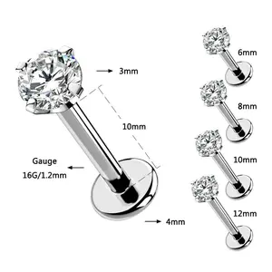 Oufer 16G CZ Titanium Internally Threaded  Prong Brezl Lobe Tragus Helix Cartilage Flat Back Piercing Stud  Labret Ring Barbel Length 6mm 8mm 10mm 12mm