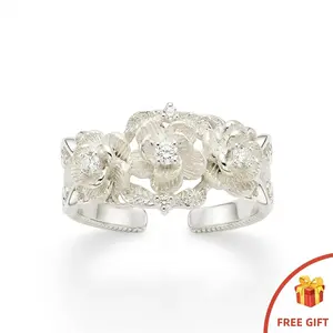 Vintage Carved Flower Clear Stone Open Ring, Romantic Floral Statement Ring, Great Gift for Birthday/Anniversary