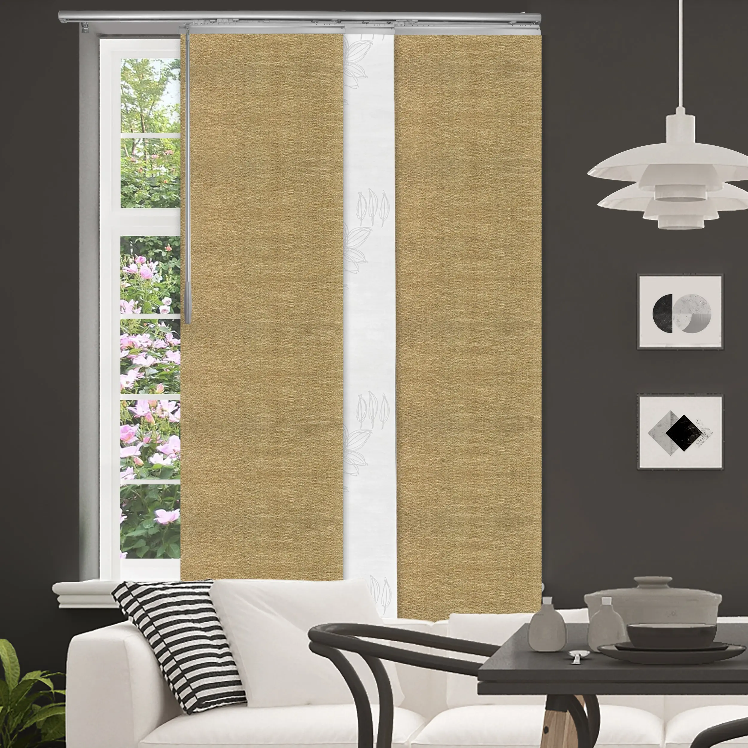 3-Panel Single Rail Panel Track Blind Extendable 36"-66"W x 91.4"H, Panel width 23.5", Lotus, Canary