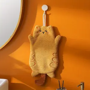 Cute cat shaped hand towel, kitchen and bathroom hanging absorbent towel, coral velvet embroidered
