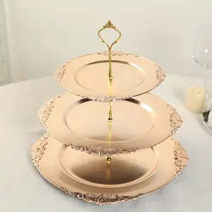 3-Tier Plastic Round Cupcake Stand 13" Metallic Gold with Embossed Baroque Rim & Top Handle - Reusable Dessert Display Holder Serving Tray Platter for Rustic Chic Events