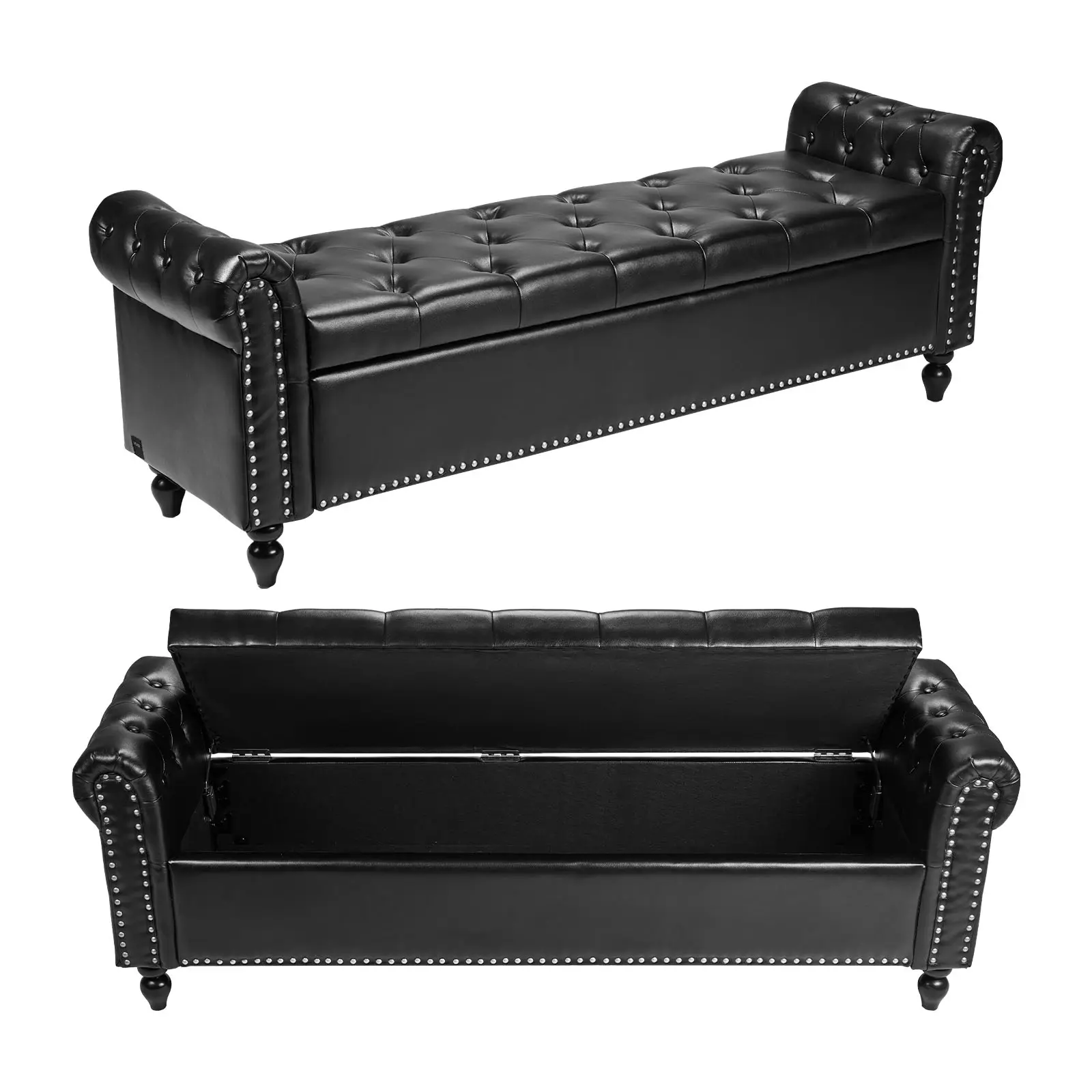 VEVOR Single-Person Rectangle PU Leather Ottoman - Rolled Arms, Button-Tufted, 2" Thick Cushion, Solid Wood Legs, Softclose Hinges, Hidden Storage, Easy Set-Up, Modern SohoChic Black Multipurpose Furniture (18 x 65.4 x 22 in) for Entryway, Living Room
