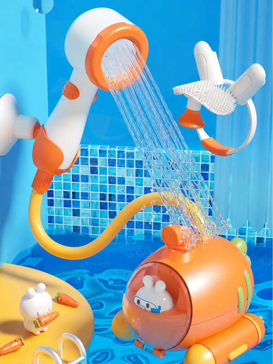 [Back To School] MOREFEEL Baby Submarine Bath Toy, 2-in-1 Shower Head & Silicone Brush with Gentle Hair Rinse, Floating Bathtub Sprayer, Flexible Hose and Suction Cups for Toddlers