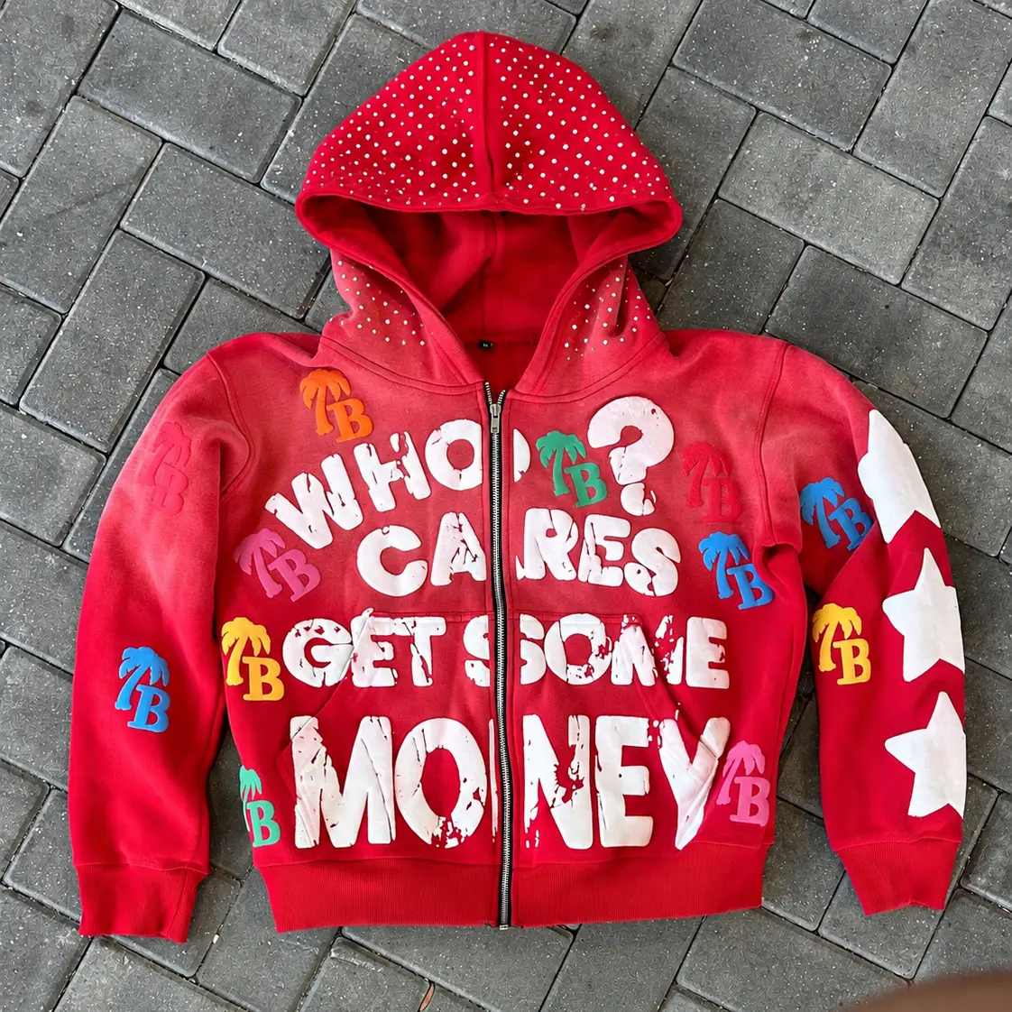 Men’s Y2K zip-up hoodie, foam letter “who cares get some money” graphic hooded sweatshirt, rhinestone hood vintage washed boxy hip-hop streetwear jacket