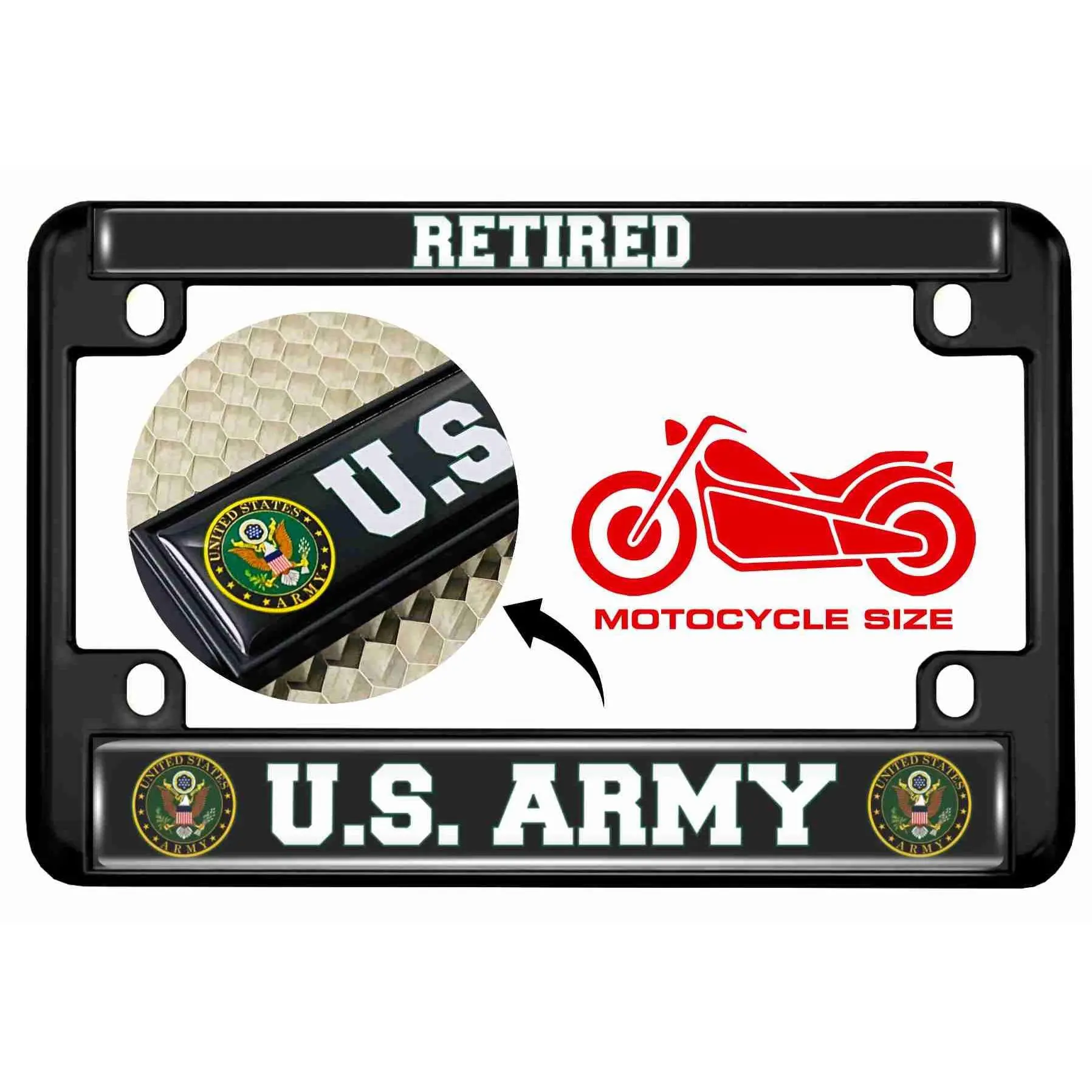 [Officially Licensed] High-Quality Motorcycle Polyurethane License Plate Frame, U.S. Army Retired Design, 6 Variations