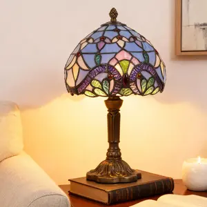 Tiffany Style Table Lamp Blue Baroque Stained Glass 8 Inch Antique Lamp for Bedside Nightstand Bedroom Living Room Home Office with LED Bulb