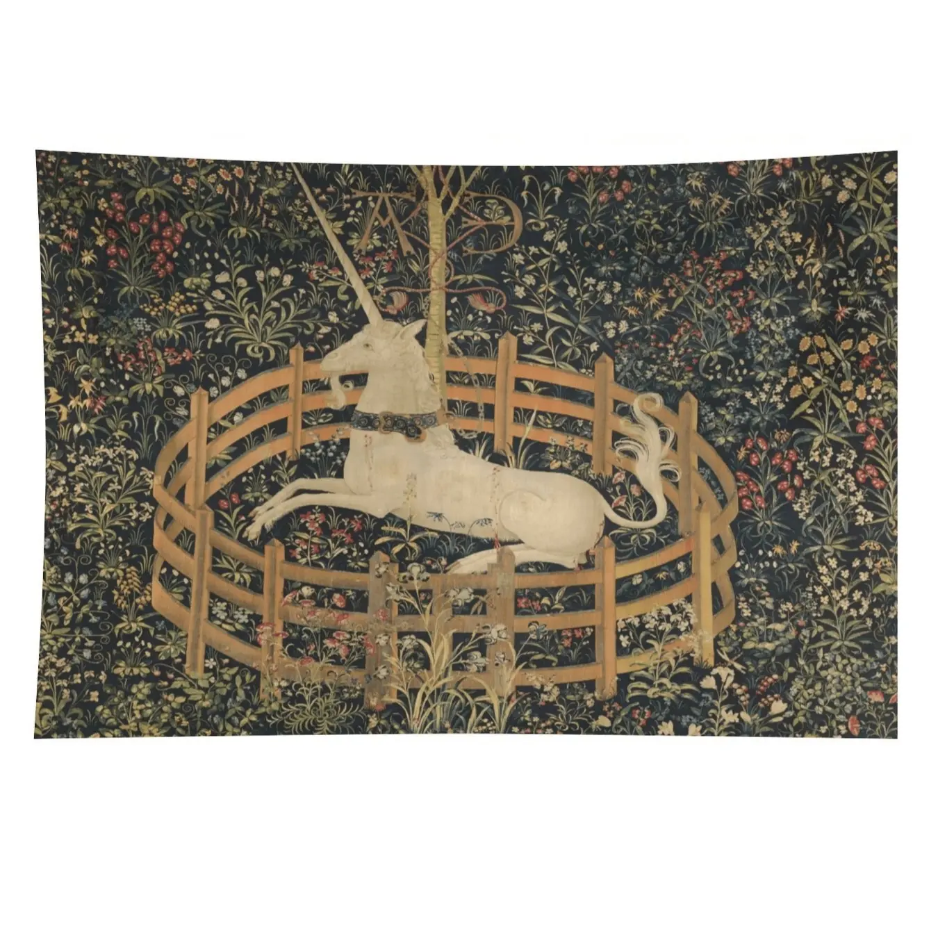1Pc Rectangular Peach Velvet Polyester Medieval Unicorn Captivity Tapestry - Historical Art Wall Hanging, Easy-Hang Woven Home Decor for Indoors, Living Room Decor, Bedroom Accessory