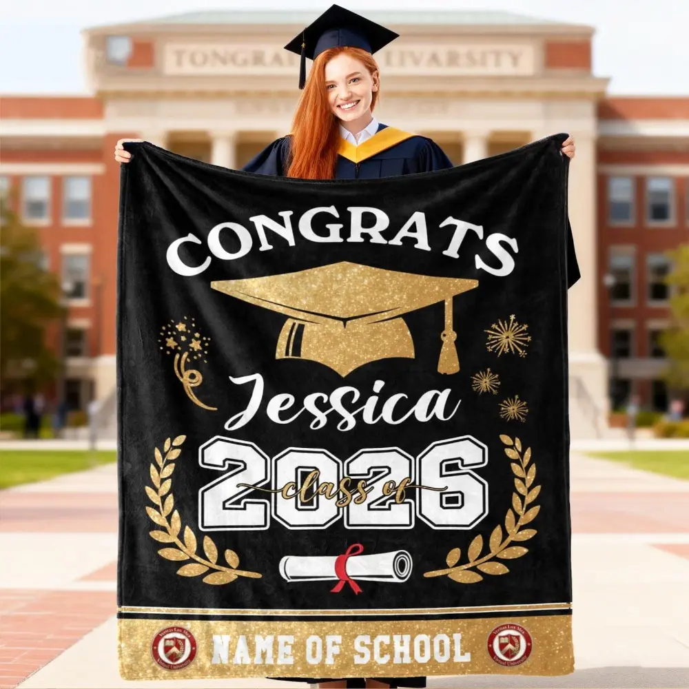 Personalized Class of 2026 Graduation Throw Blanket, Blue Gold Glitter Cap Design, "Jessica" Custom Grad Gift, Graduation-Themed Blanket, Graduation-Themed Blankets