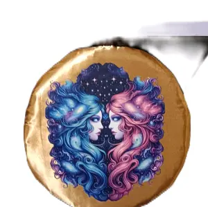 Gemini Twin Goddess Bonnet Gold Satin with Starry Night Design and Long Curly Hair for Stylish Headwear