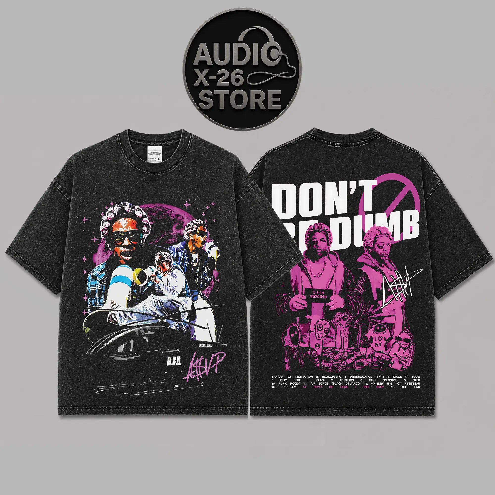 [X-26] Don't Be Dumb Merch Graphic High-Quality Acid Washed Cotton T-Shirt, Asap Mob Fan Graphic Tee, Don't Be Dumb Album Merch Streetwear Graphic Shirt, Gift for Hip-hop Fans