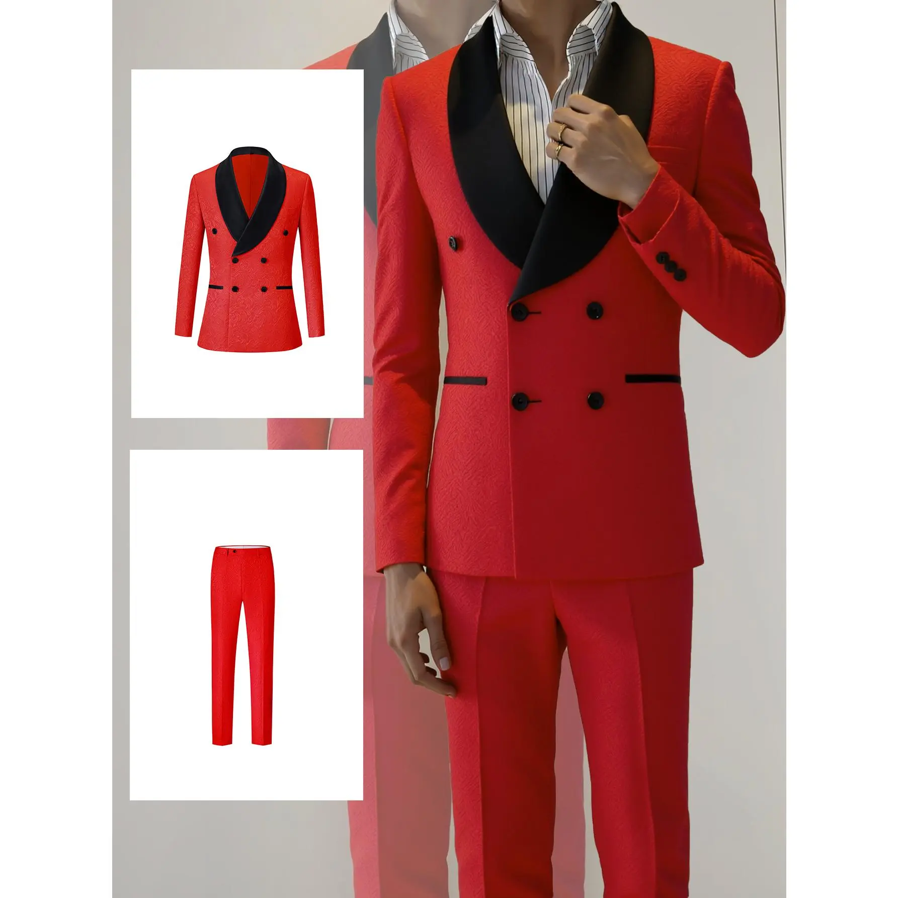 Menswear Men's 2-Piece Stylish Elegant Paisley Print Formal Wedding Suit Set - Long Sleeve Shawl Lapel Slim Fit Double-Row Buckle Polyester Blazer with Pockets, Matching Trousers, Contrast Binding, Vintage Style, All Seasons, XS Size