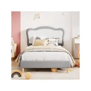 Grey White-Full Home Bedroom Cute Velvet Upholstered Twin/Full Bed Frame For Kids - Scallop Headboard Sturdy Platform Bed With Wooden Slats No Box Spring Needed Noise-Free For Girls and Boys