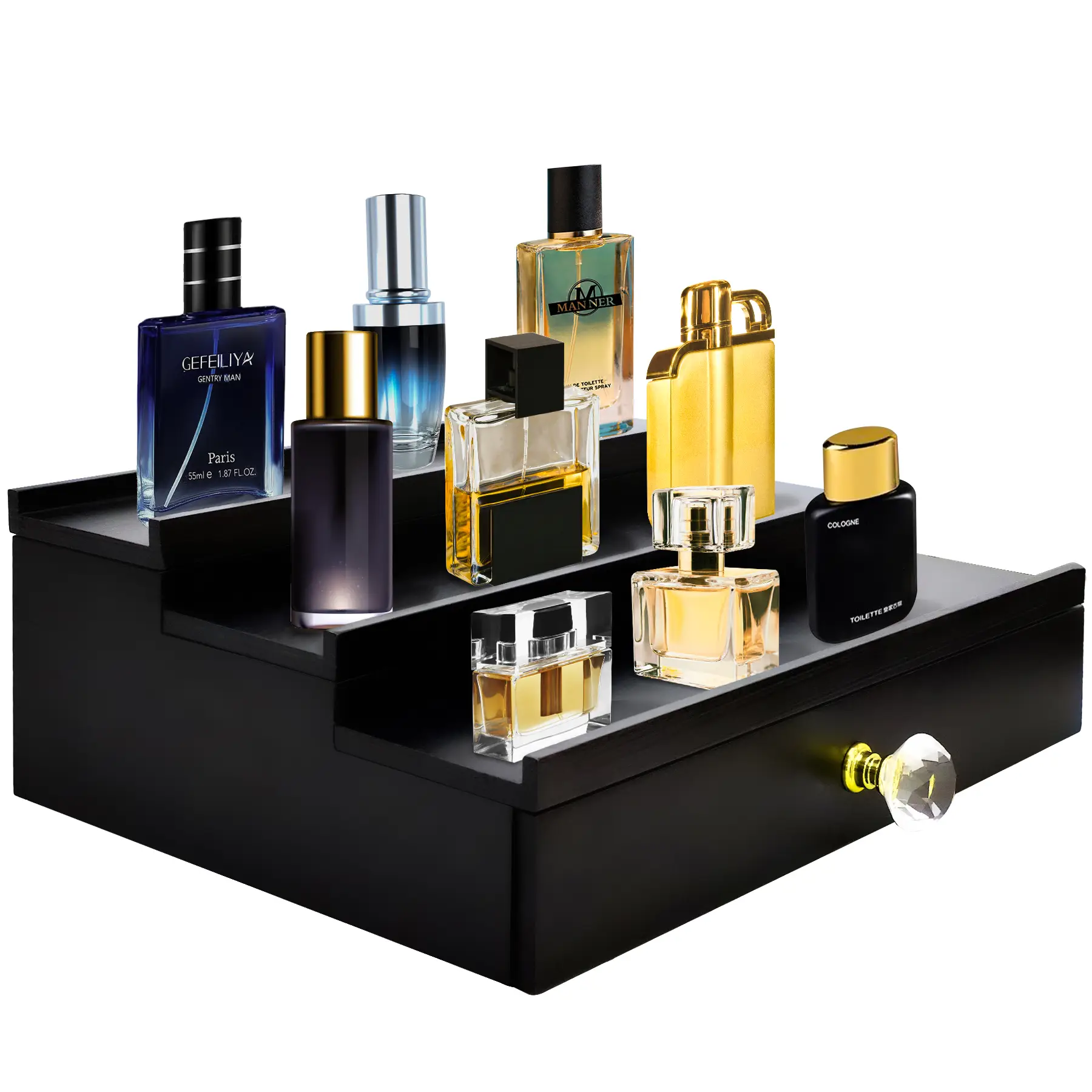 Cologne Organizer for Men, 3 Tier Cologne Stand Organizer for Men, Wood Perfume Organizer with Felt Lining Drawer and Hidden Compartment, Great Gift f