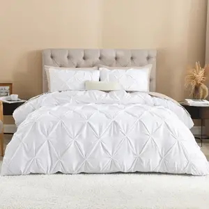 White Queen Pinch Pleat Duvet Cover, 3 Pieces Pintuck Cover Soft Microfiber Bedding Set with Zipper Closure & Corner Ties(90x90Inch-1 Duvet Cover, 2 Pillowcases)