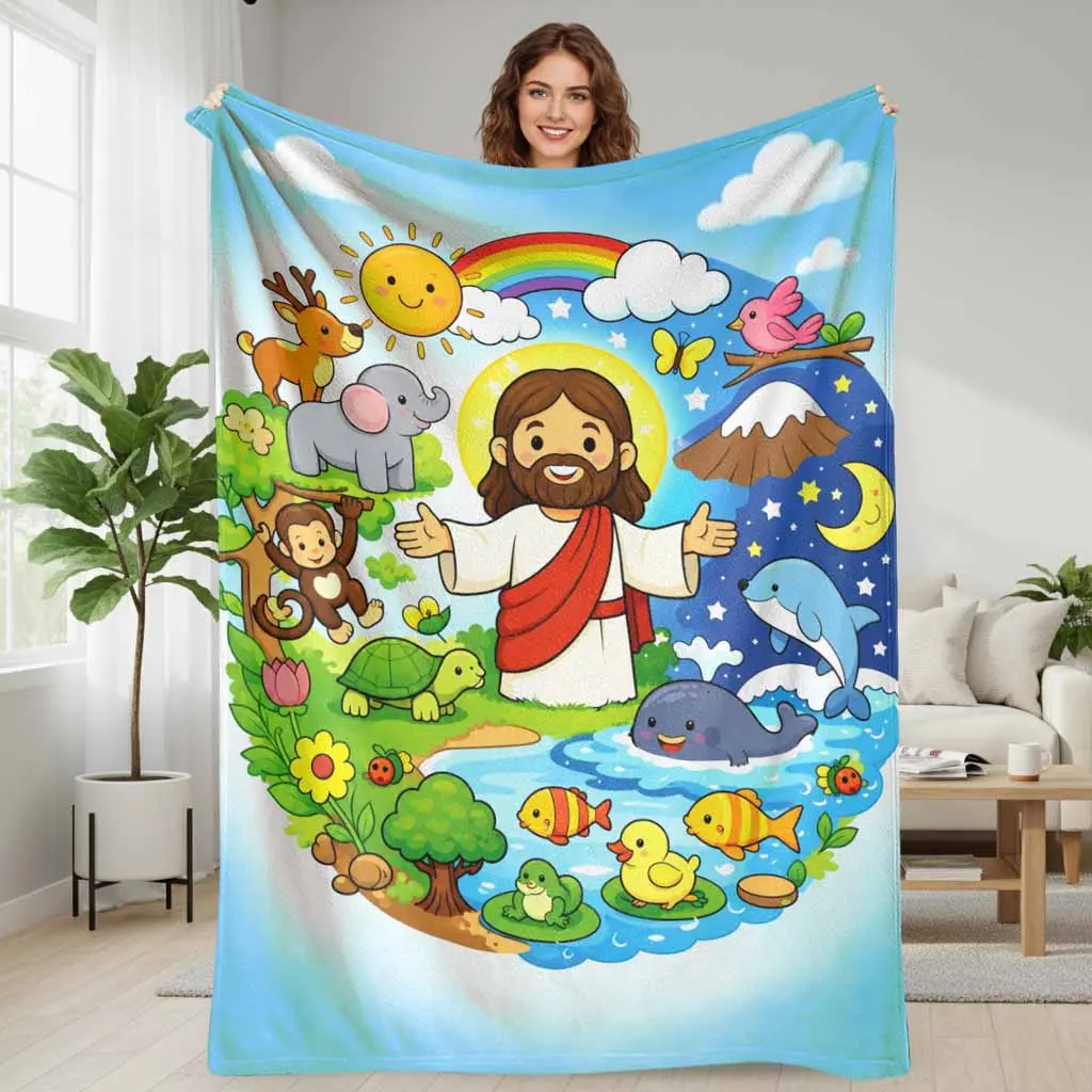 Nature & Jesus Religious Flannel Blanket, Flannel Fabric, Plush Texture, Soft & Breathable Multi-Size Throw Blanket for Church Home Decor, Ideal for Sofa Bed Travel, Perfect Birthday Housewarming Gift, Religious Art, Home & Travel