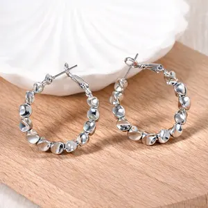 Vintage Silver Plated Beaded Hoop Earrings for Women with S925 Post, Irregular Geometric Lightweight Daily Wear Hoops