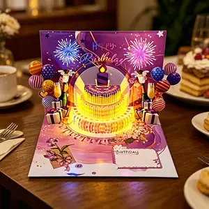 3D Pop Up Purple Birthday Card with Blowable LED Candle & Happy Birthday Song, Interactive Fireworks Light Show Greeting Card for Her, Magic Blow Out Sensor Triggers Cheers & Applause, 24 Fiber Optic Purple LEDs Dancing Lights.