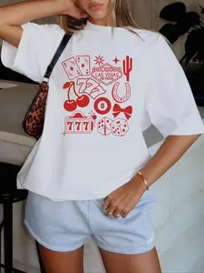 Women's Cherry & Playing Card Print Drop Shoulder Tee, Casual Short Sleeve Round Neck T-shirt for Daily Wear, Ladies Clothes for All Seasons